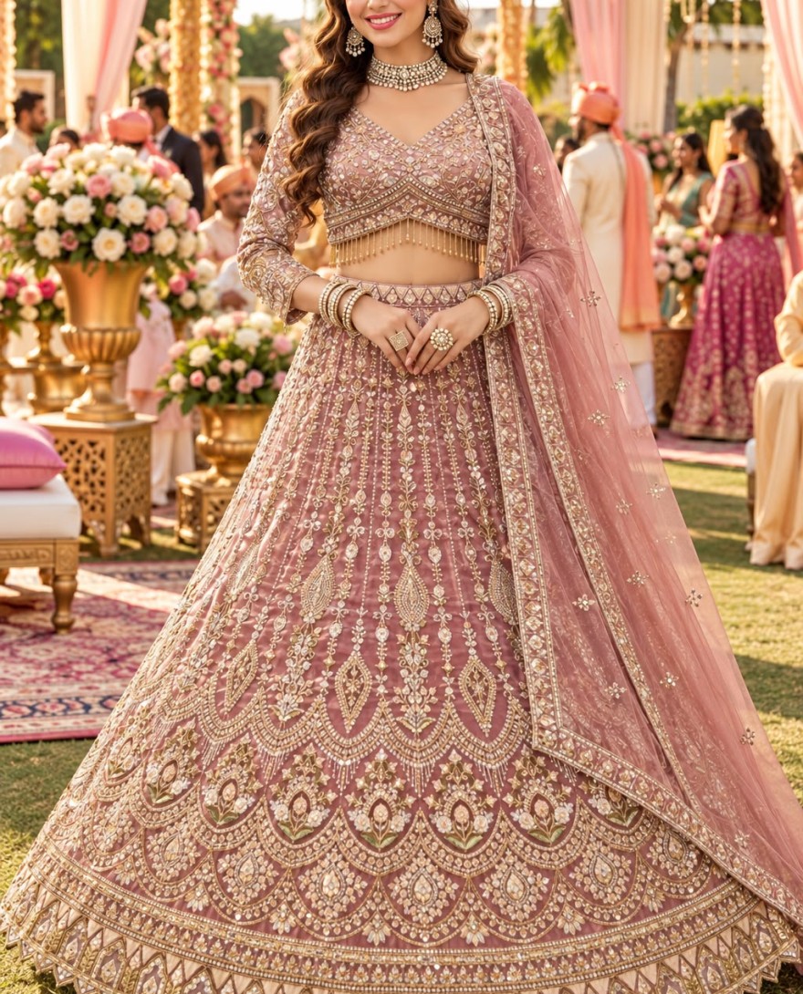 1219 - Pink Fancy Fabric Lehenga Choli with Beads, Embroidered and Zari Work for Engagement